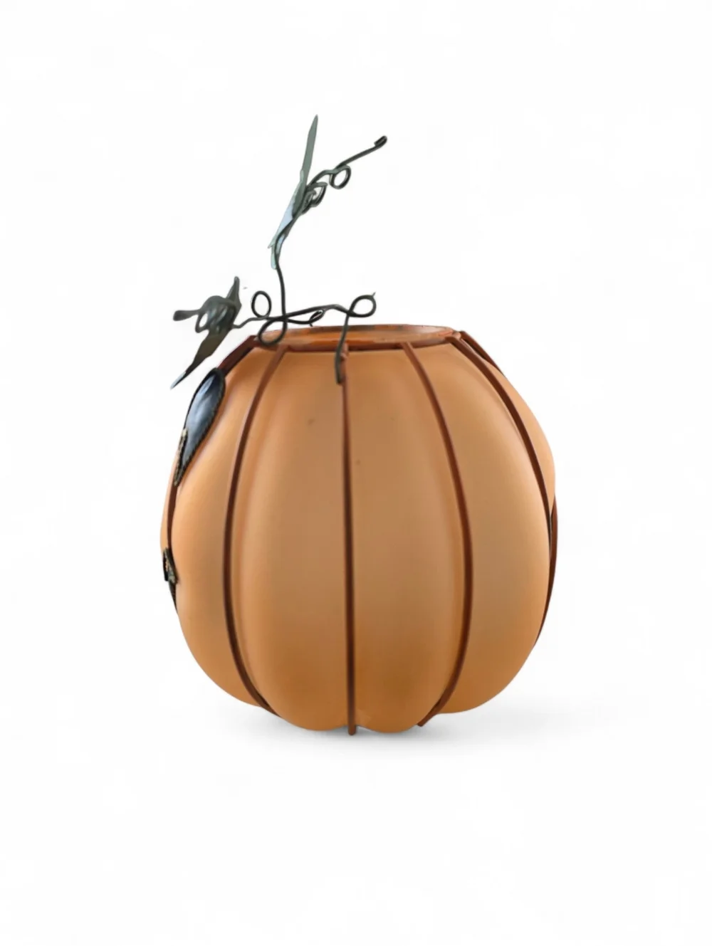 Halloween Pumpkin Candle Holder Frosted Glass Jack O Lantern Metal Vine